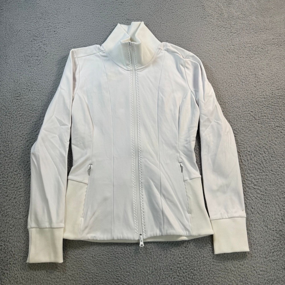Athleta Womens Cream Ribbed Trim Full Zip Mock Neck Active Jacket Size M 54023